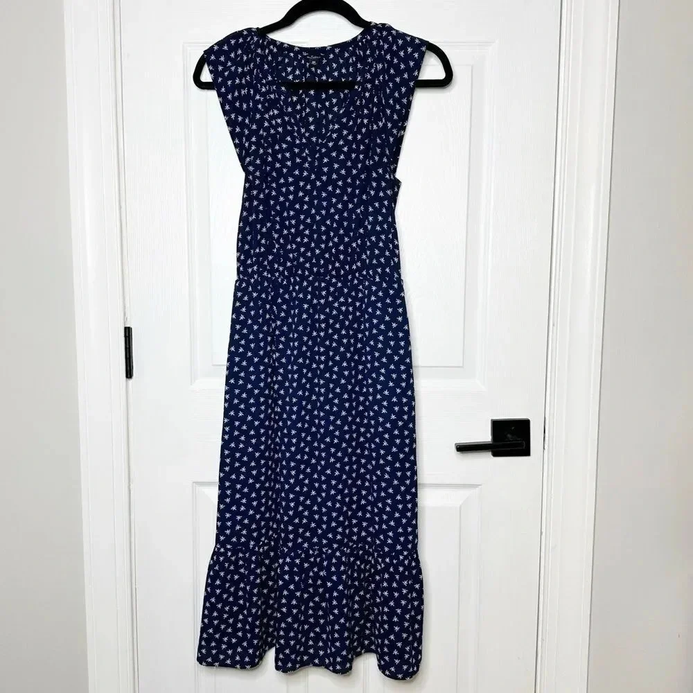 J. CREW Navy Midi Dress Navy White Dragonfly Cap Sleeve Size XS - Picture 2 of 11
